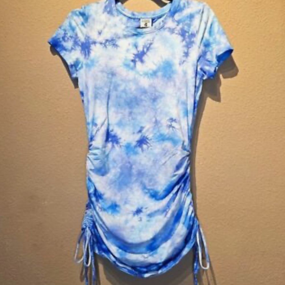 Blue Tie-Dye Ruched Dress